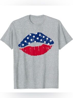 Women’s Gray Short Sleeve Tee with American Flag Kiss Graphic